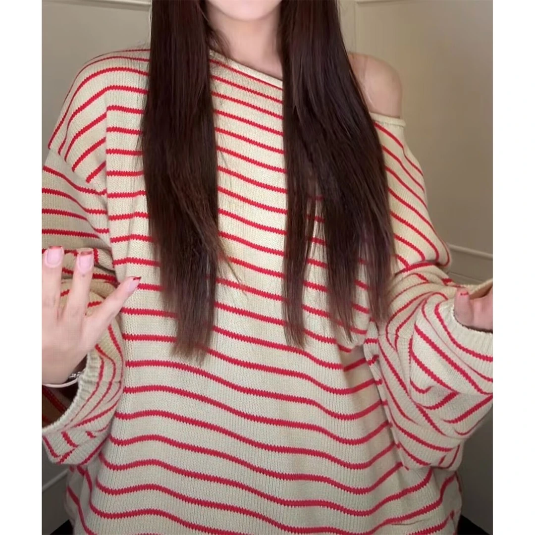 【甜莓条纹】韩系oversize撞色条纹一字领针织毛衣秋冬休闲宽松上衣