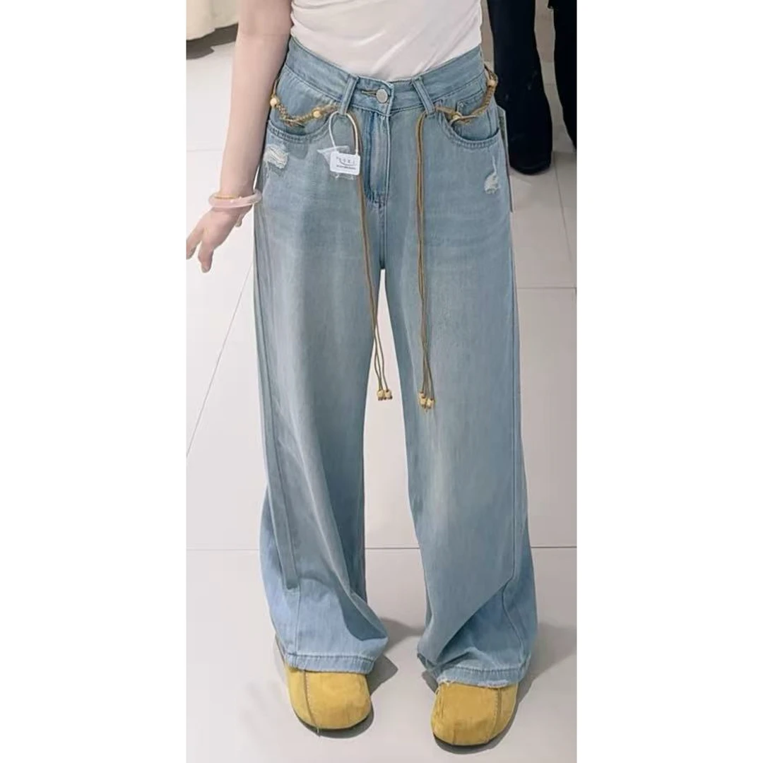 6706破洞腰带牛仔阔腿裤