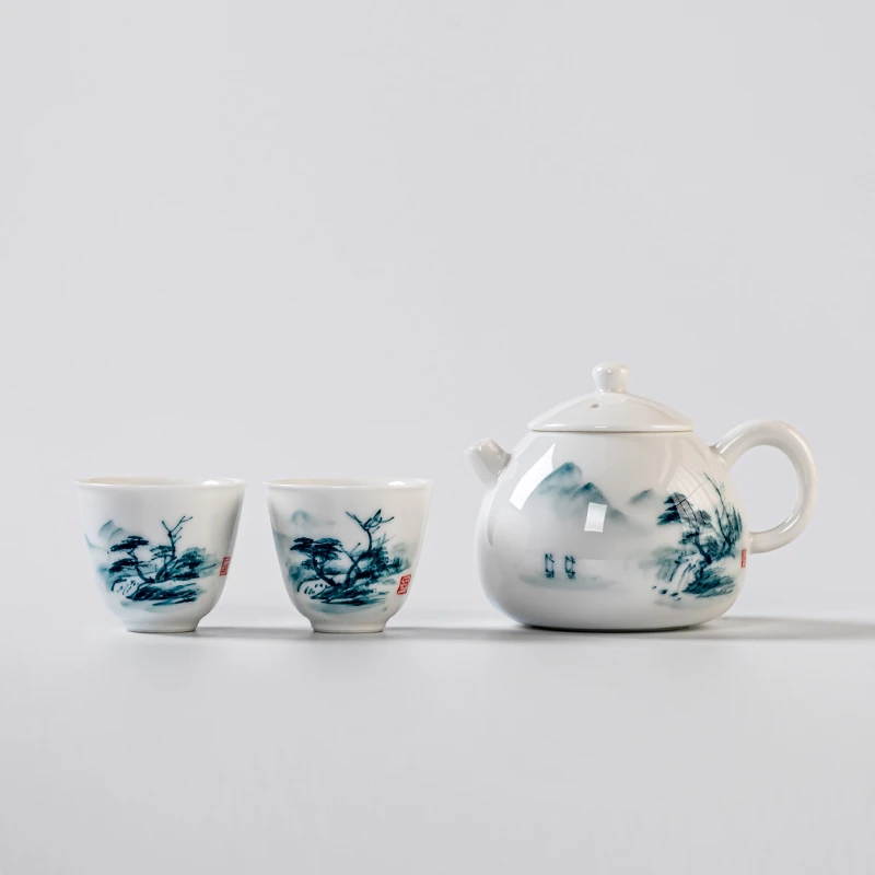何白龙窑 柴烧白瓷釉下手绘“山水”文旦壶功夫茶具一壶两杯泡茶壶