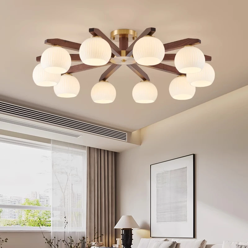 新中式客厅主灯轻奢高端全铜胡桃木卧室中古实木奶油风大厅吸顶灯