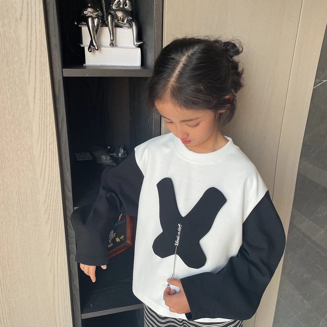 【春季】儿童韩版圆领长袖黑色套头秋冬卫衣秋季春秋女童上衣大童