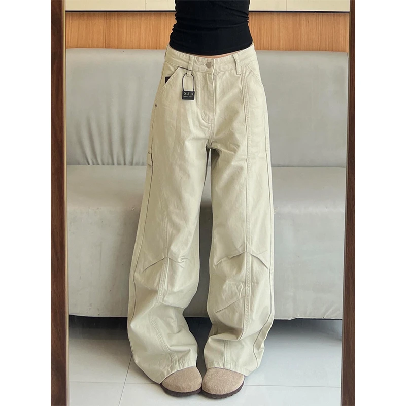 美式复古解构休闲微喇工装裤女夏秋新款廓形宽松褶皱设计感牛仔裤