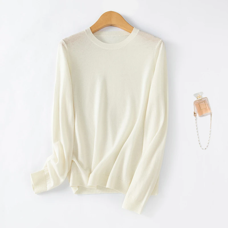 春夏季精纺羊毛衫女时尚圆领纯色上衣百搭宽松长袖针织衫DFJ6836
