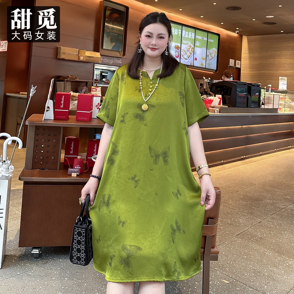 甜觅特大码女装2025夏季胖mm300斤高档缎面蝴蝶印花中长款连衣裙