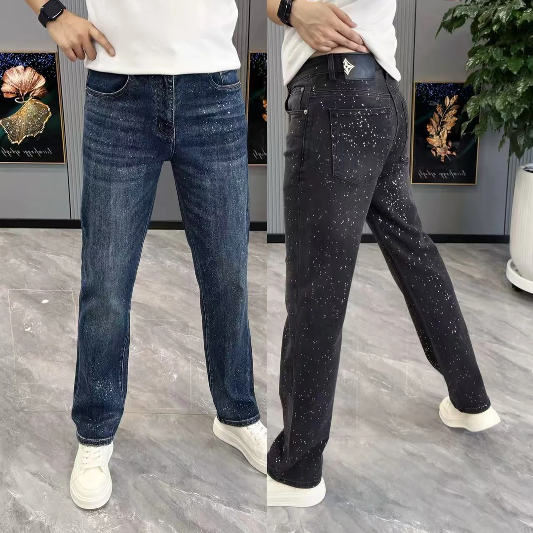 长裤男秋季新款牛仔裤男时尚百搭直筒裤男潮流烫金牛仔裤修身显瘦