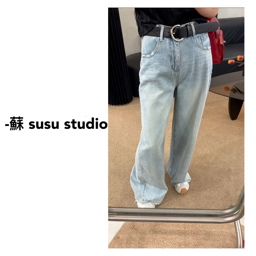 磨破高腰阔腿牛仔裤女2025春夏新款韩版宽松显瘦拖地裤152