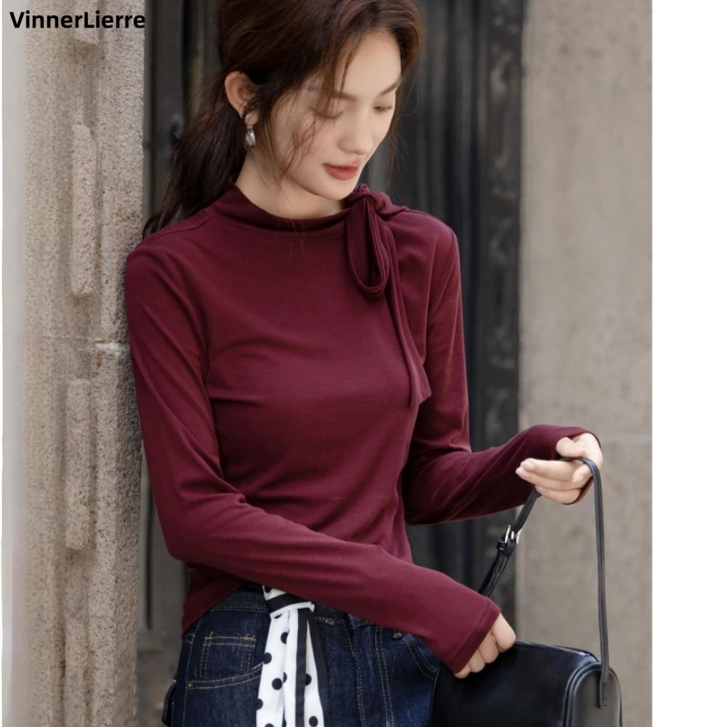薇妮诺韩系纯欲长袖T恤秋季知性风半高系带领修身气质小个子女式