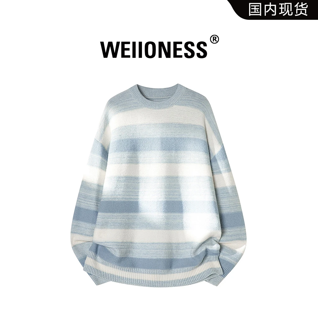 WEIIONESS日系小清新渐变条纹圆领毛衣男秋冬季设计感宽松针织衫