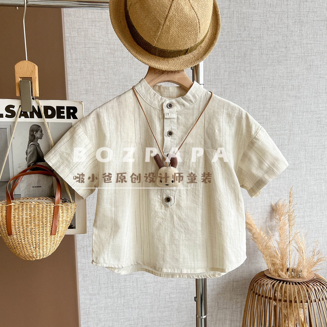 现货啵小爸【第七封信】2025夏季男童韩系圆领设计感短袖衬衫两件套
