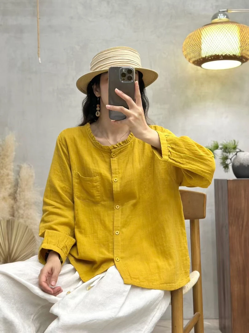 早秋必备木耳边领拼接单排扣休闲棉纱衬衣女简约纯色时尚百搭上衣