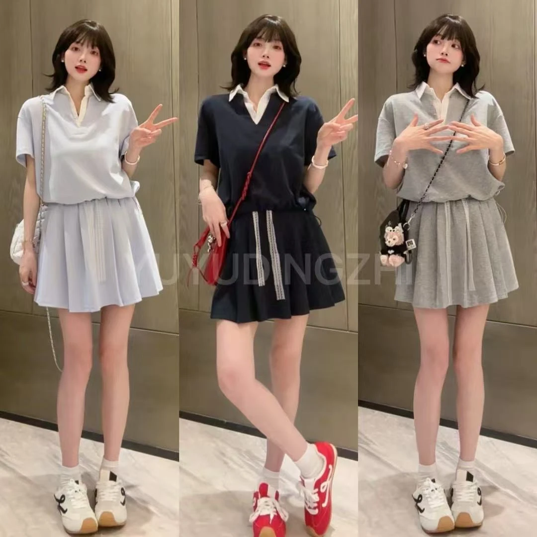 大码女装套装减龄显瘦衬衣领拼接上衣+百褶裙裤两件套 6078