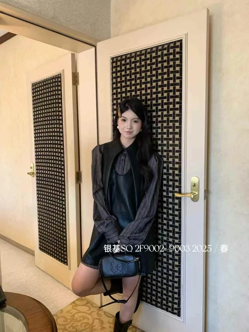 十三行2025新款定制面料拼皮衬衣+背心皮裙套装韩版百搭气质黑色