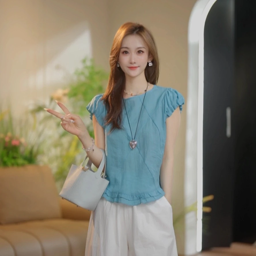 韩系甜美飞飞袖圆领纯色拼接衬衫女2025夏季新款花边百搭宽松短袖