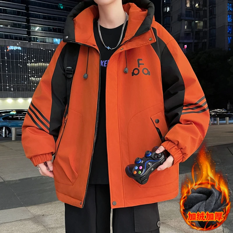 潮流韩版夹克工装男冬季韩版外套连帽夹克连帽冬季拼色