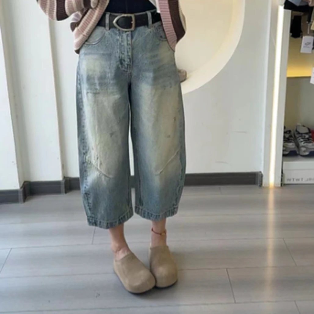 春款重工磨破宽松八分香蕉裤女牛仔弯刀裤57035