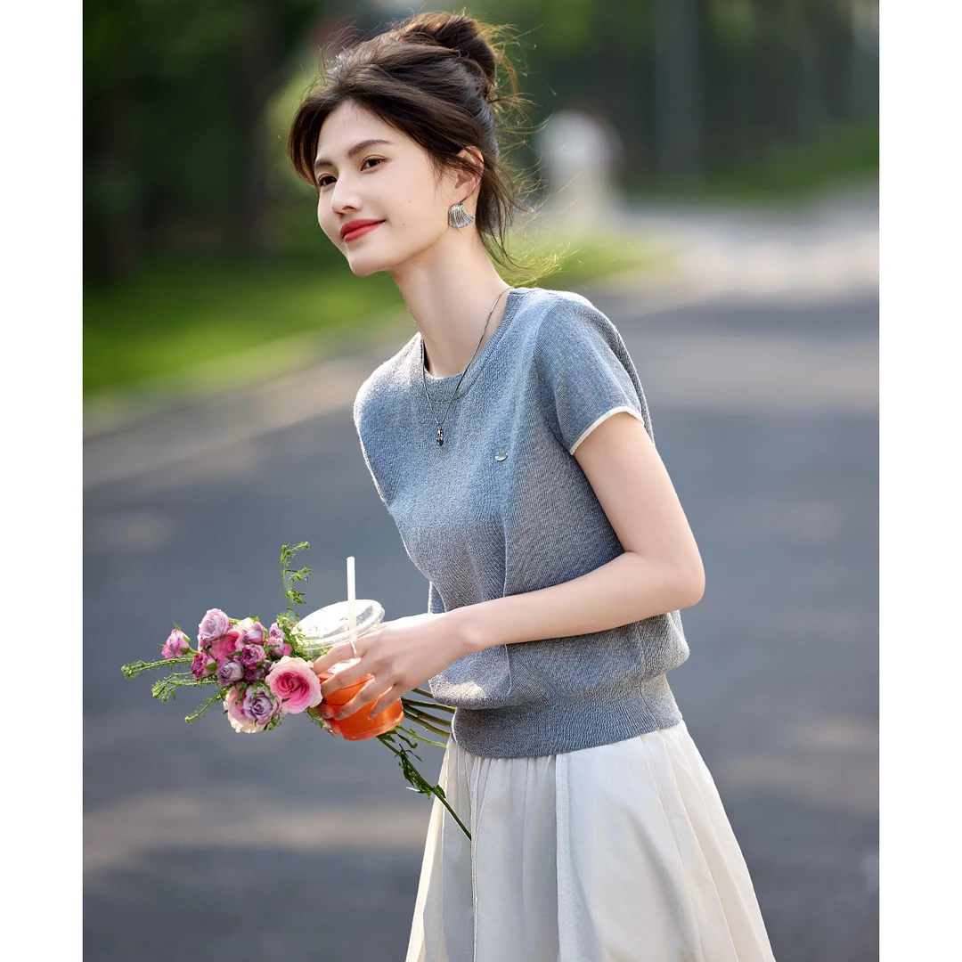 尚静｜【文艺风撞色减龄圆领针织上衣】25年夏季新品时尚百搭针织T恤