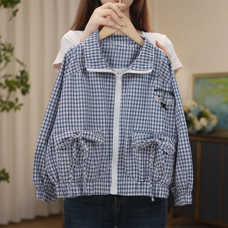 女童秋季外套2025新款百搭款中大童格子拉链上衣短款外衣Q13773