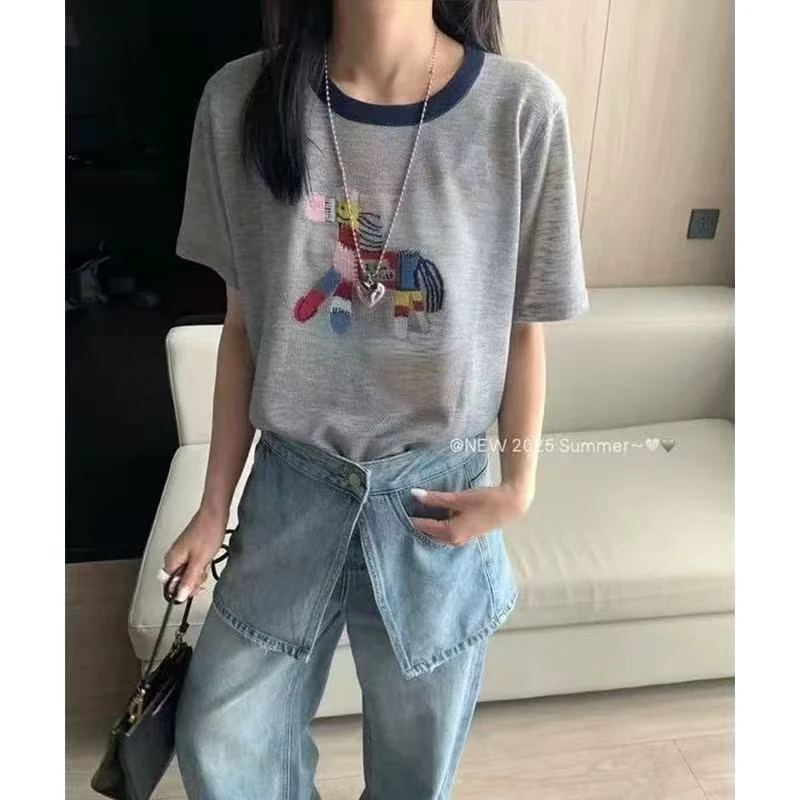 显瘦青春明媚彩色小马提花圆领套头短袖针织T恤女薄休闲上衣1767