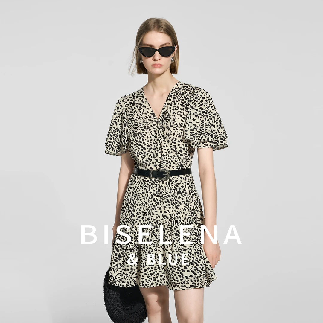 1852贝茜妮【都市野趣】荷叶袖v领围裹式短款连衣裙女褶皱收腰裙