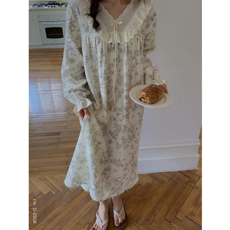 杜小宅素雅小时光蕾丝棉纱裙温柔减龄婴儿双层棉纱亲肤家居服女