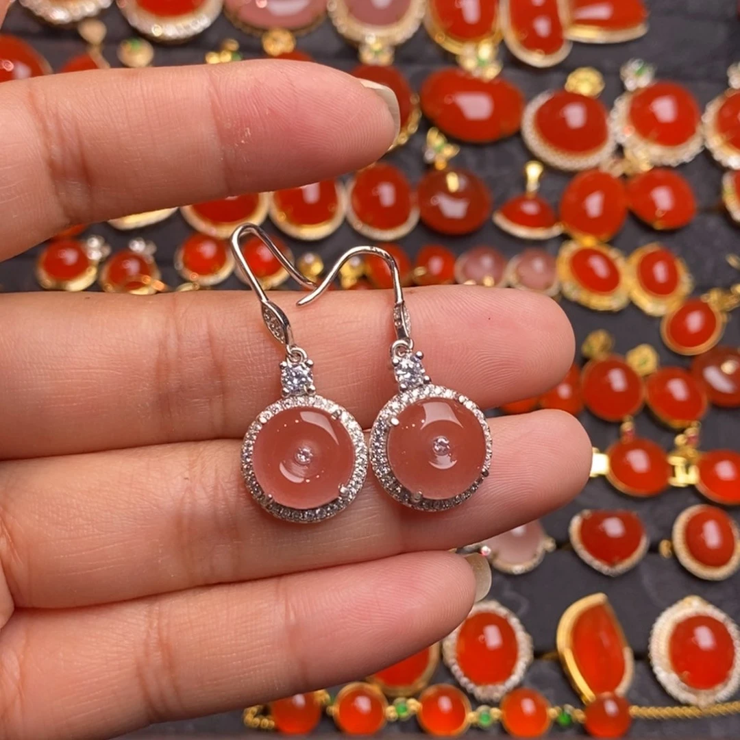 银S925镶嵌南红玛瑙耳饰