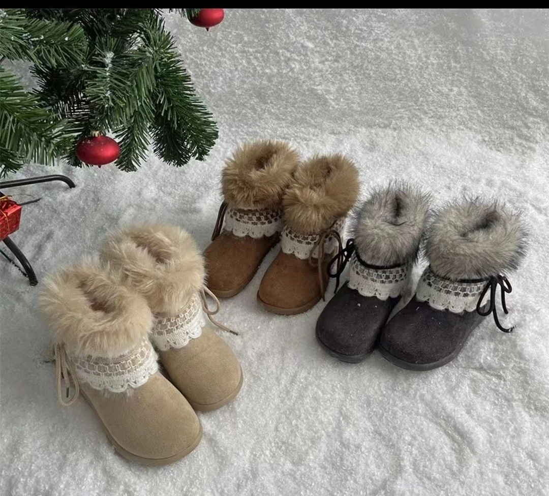 毛毛雪地靴系带厚底短靴女2025新款冬季靴子加绒保暖棉鞋百搭