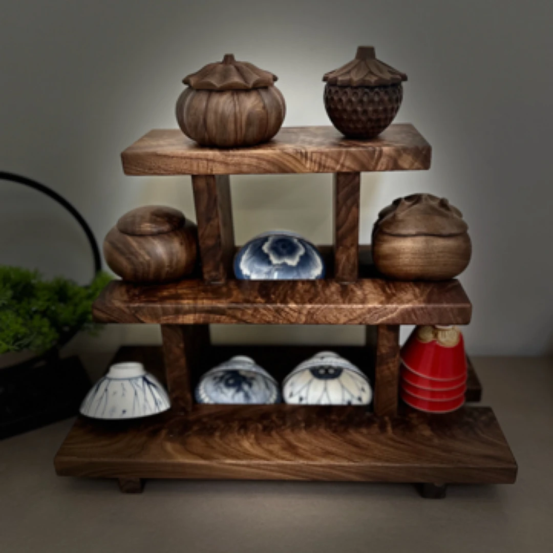 北美黑胡桃纯实木原木金瘤纹老料子树根三层置物架