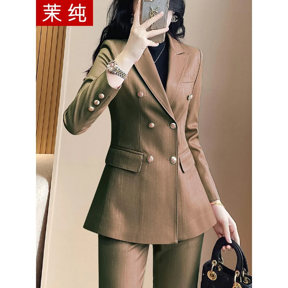 西装外套女2025新款卡其色条纹休闲小西服洋气职场通勤正装工作服