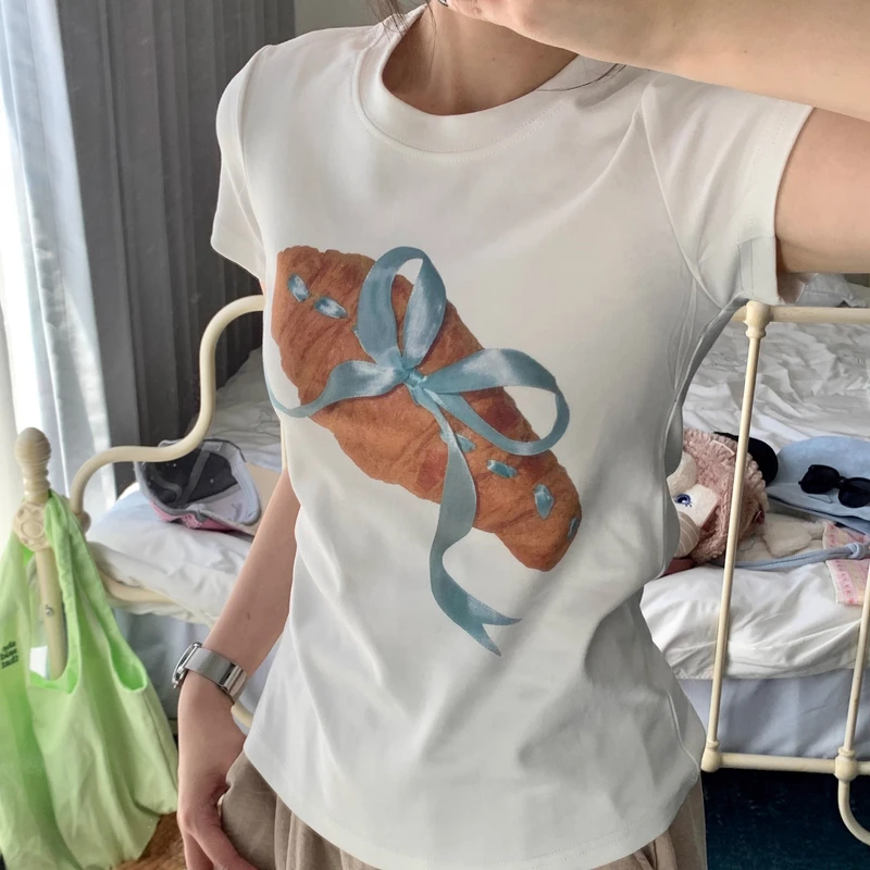 【烤个可颂】夏季可爱搞怪面包印花T恤正肩圆领短袖修身女