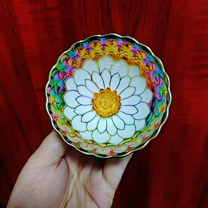 七彩白金莲无礼盒高端茶器主人杯品茗杯手工篆刻莲花杯茶杯水杯