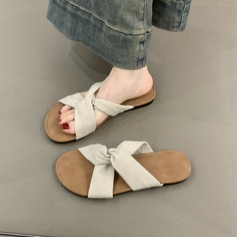 复古小众平底凉拖鞋女外穿2025夏季韩版chic简约亚麻交叉露趾拖鞋