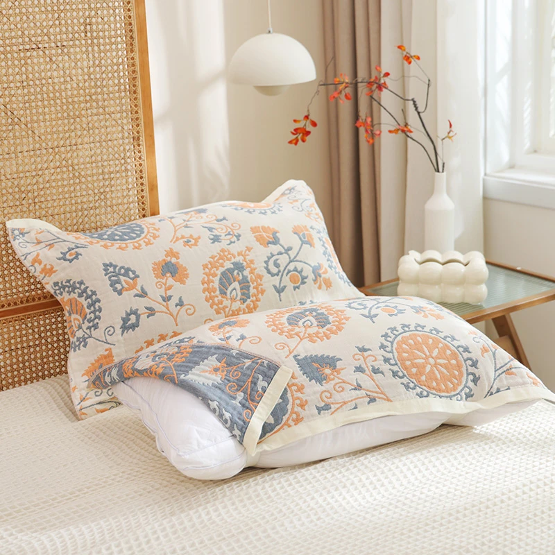 【京かわ会社】一对装纯棉纱布枕巾 带绑带全棉柔软家用枕巾 锦绣白