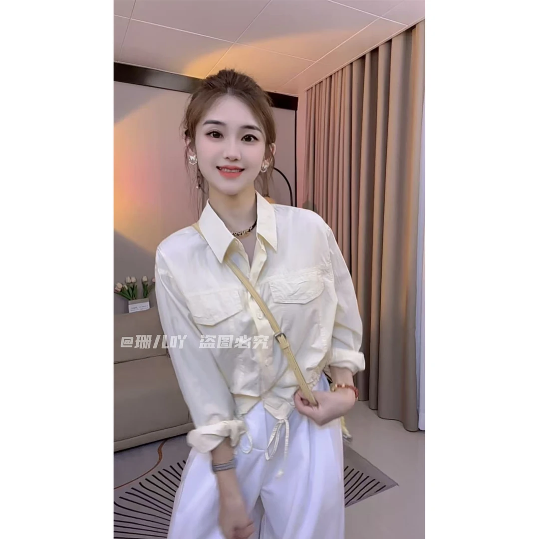 薄款长袖防晒衣衬衫女2025夏季新款短款百搭休闲下摆抽绳衬衣开衫
