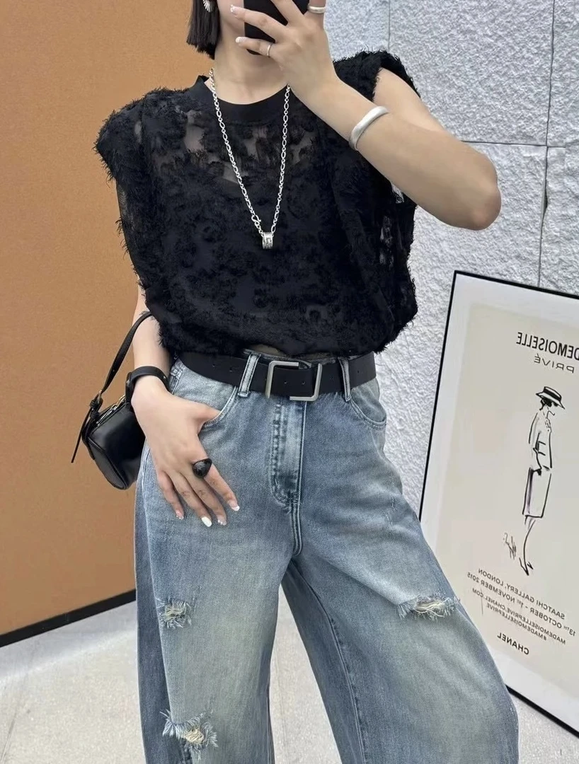 【女人家】8880夏季新款圆领流苏背后抽绳T恤时尚洋气短款上衣