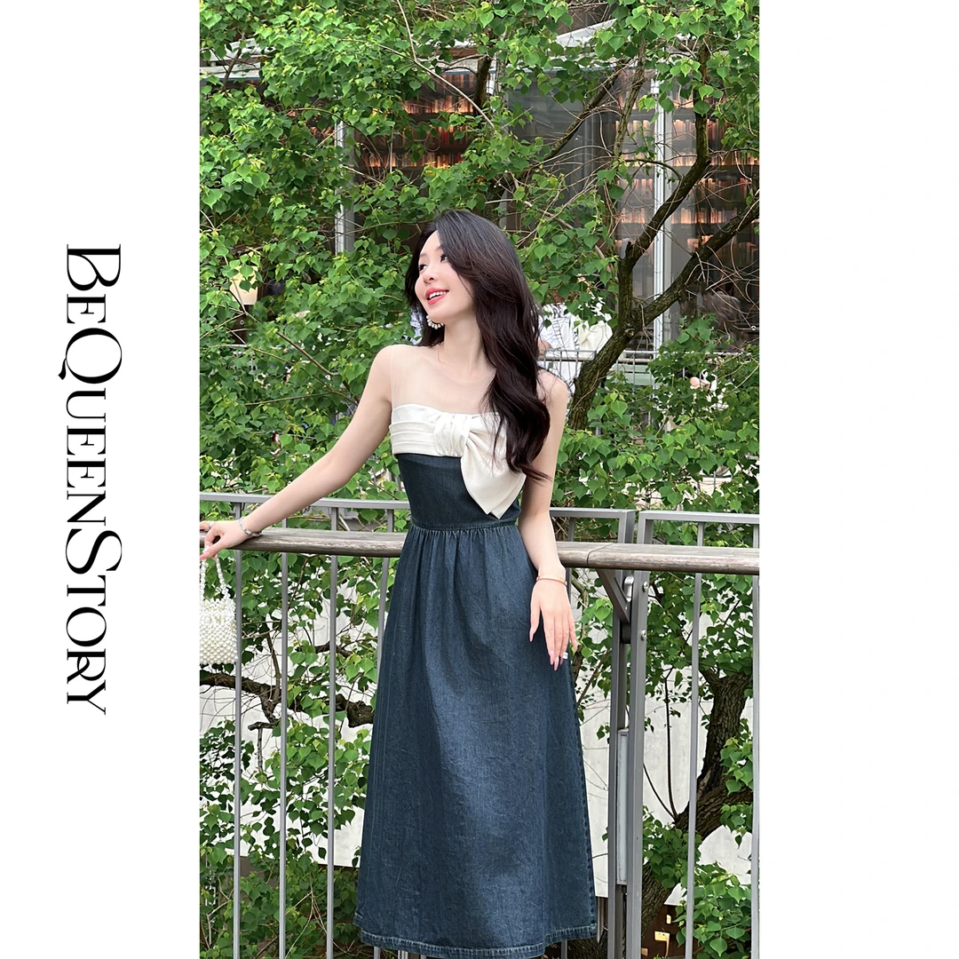 余潇潇【甜心布鲁士】拼接柔软网纱蝴蝶结装饰收腰连衣裙