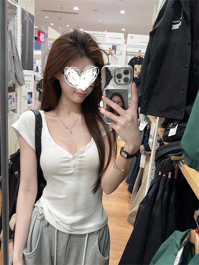 弹力收腰松紧身短款短袖T恤上衣女夏季新款桃心领纽扣纯欲风韩版t
