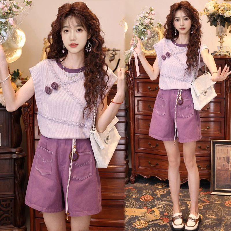 25设计感撞色短袖T恤女夏季宽松百搭小众上衣紫色阔腿裤两件套装