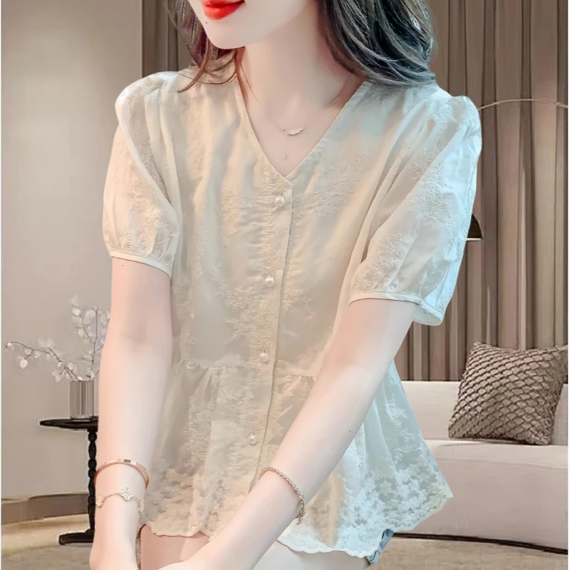 法式蕾丝衬衫女短袖夏季2025年新款收腰衬衣洋气小衫气质短款上衣