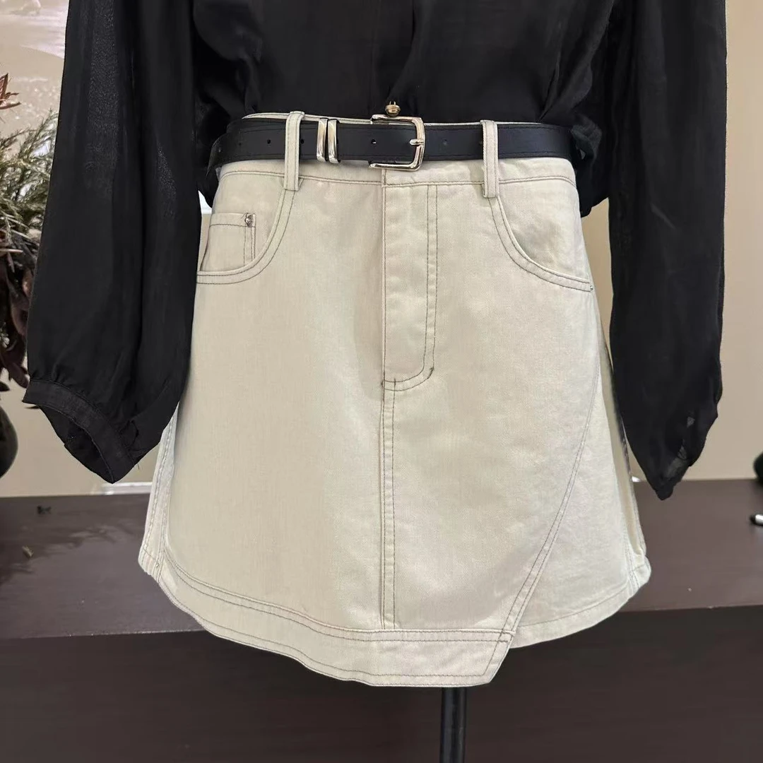 【格子家】高腰纯色气质设计感短裙半身裙加腰带B146