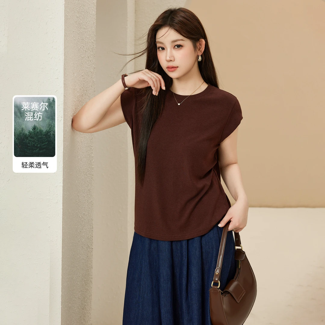 【莱赛尔醋酸】纤莉秀E大码女装时尚圆领收腰侧边褶皱T恤QJ3247