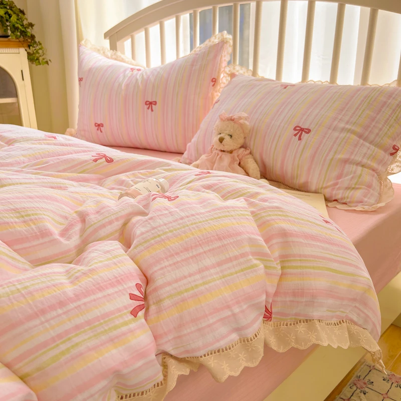 韩版春夏皱皱纱双层纱床上套件用品四件套学生宿舍三件套被套床单