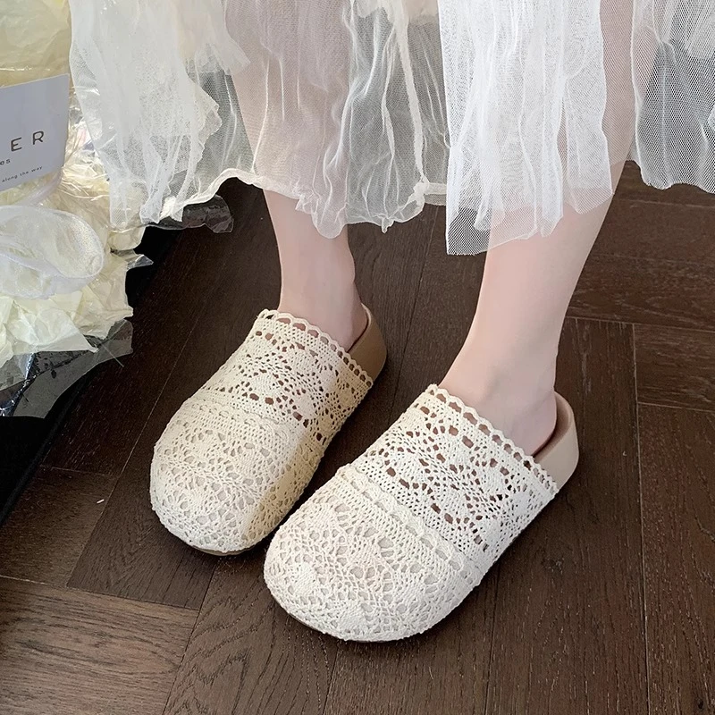 欧货2025夏新款针织透气镂空包头半拖松糕厚底外穿懒人勃肯鞋女鞋
