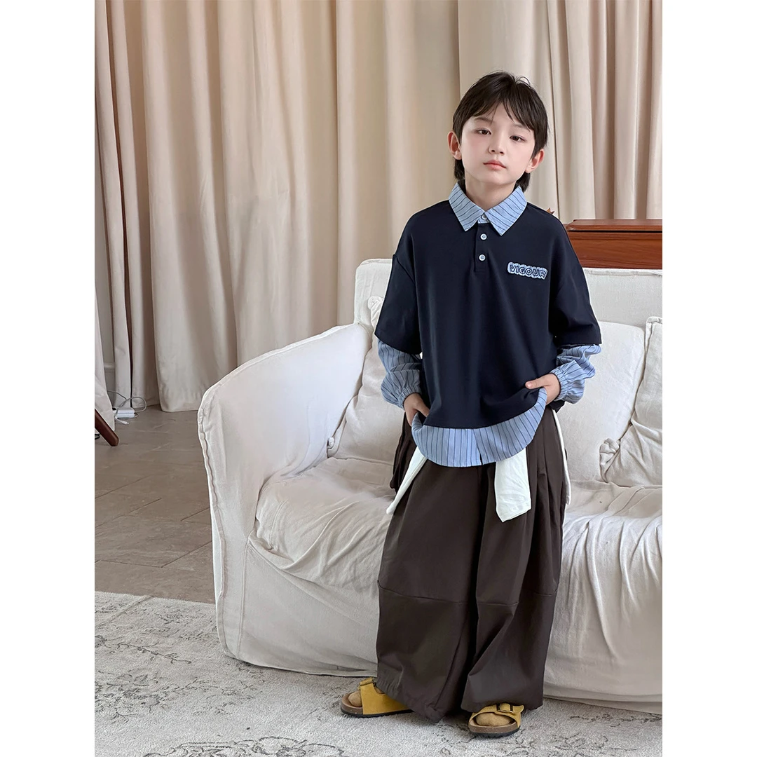 in 爱:mx25秋韩版儿童假两件polo上衣男童条纹撞色翻领长袖720