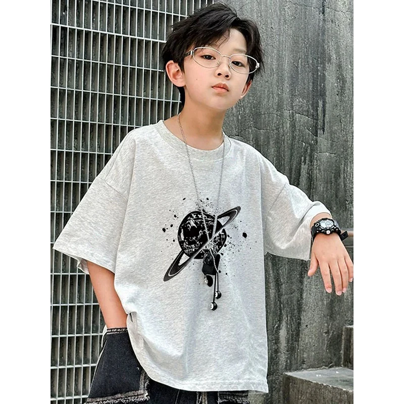 100%纯棉男童短袖儿童T恤卡通夏装2025夏季新款童装男孩灰色t恤