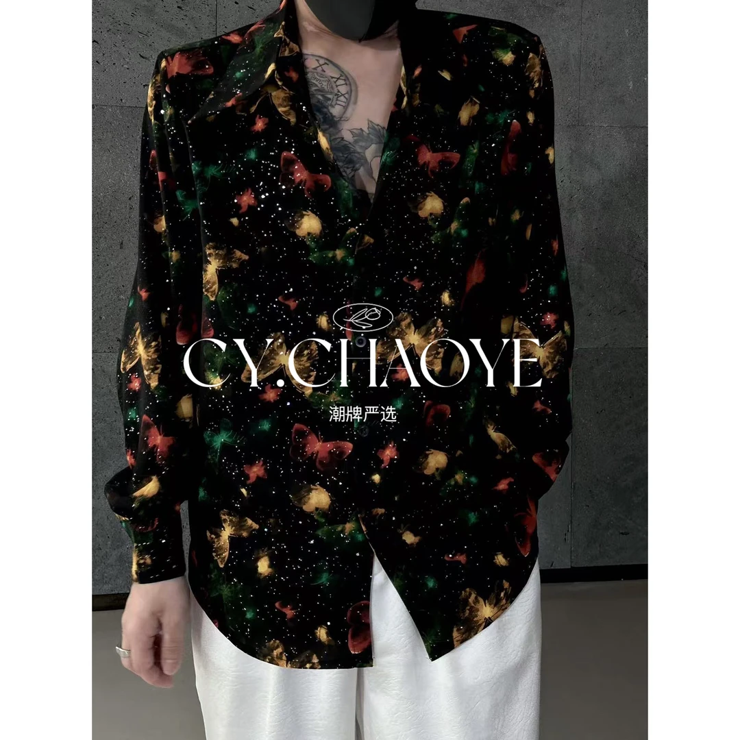 CY【CHAOYE】新品印花烫片宽松时尚垫肩长袖潮流百搭防晒衬衫