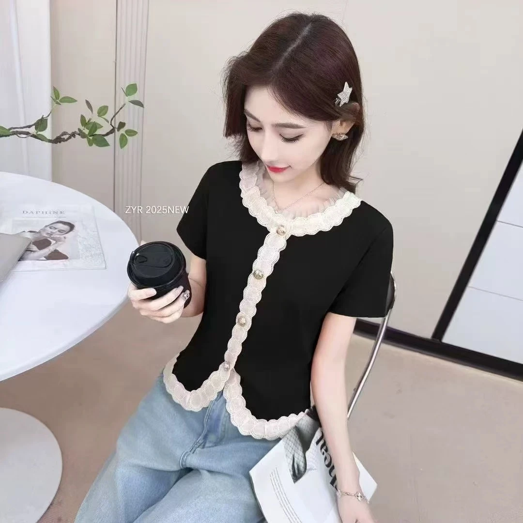 黑色蕾丝花边短袖t恤女夏季2025新款时尚修身短款修身小衫上衣夏