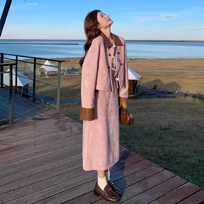 入秋新中式pu皮拼接套装裙女秋季国风两件套温柔风大方得体一整套