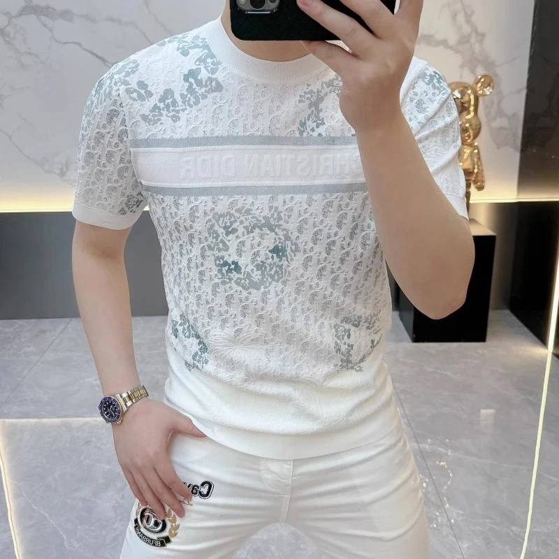 2025轻奢欧货针织冰丝短袖t恤男士圆领针织夏季半袖印花上衣潮053