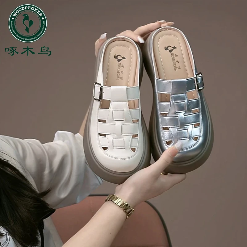 啄木鸟包头半拖凉鞋女夏外穿一脚蹬镂空编织透气女士罗马鞋平底鞋