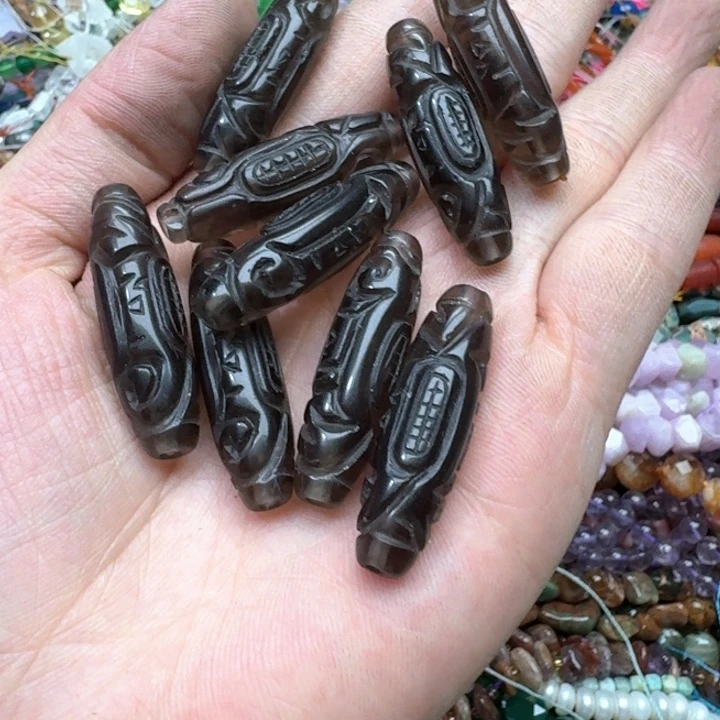 合金玛瑙/玉髓珠宝半成品一颗11x40mm茶晶桶珠